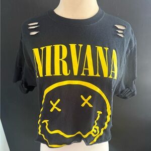 NIRVANA Cropped Black Graphic Smiley Tee Medium